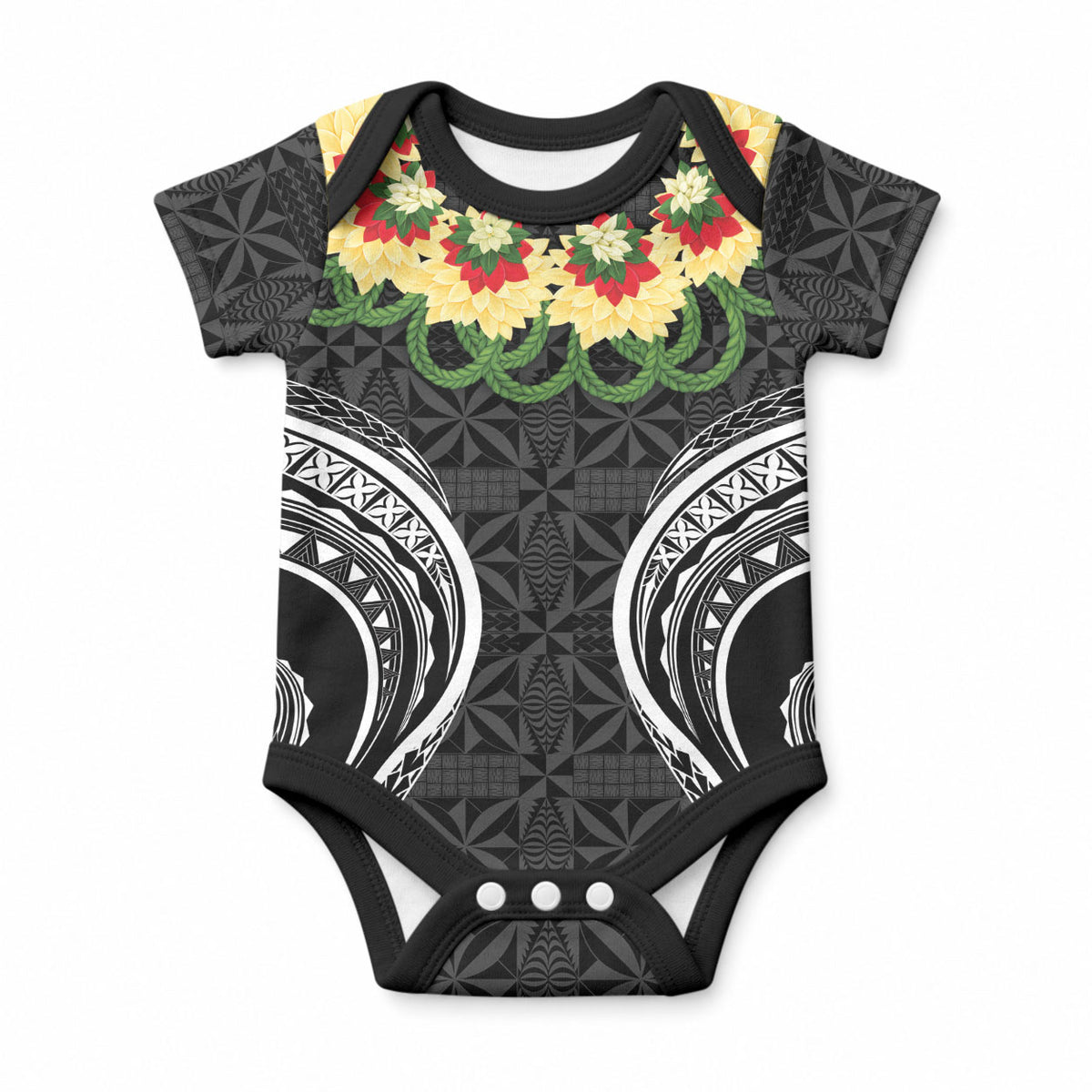 Black Tonga Ngatu Kahoa Lei Baby Onesie LT14 Black - Polynesian Pride