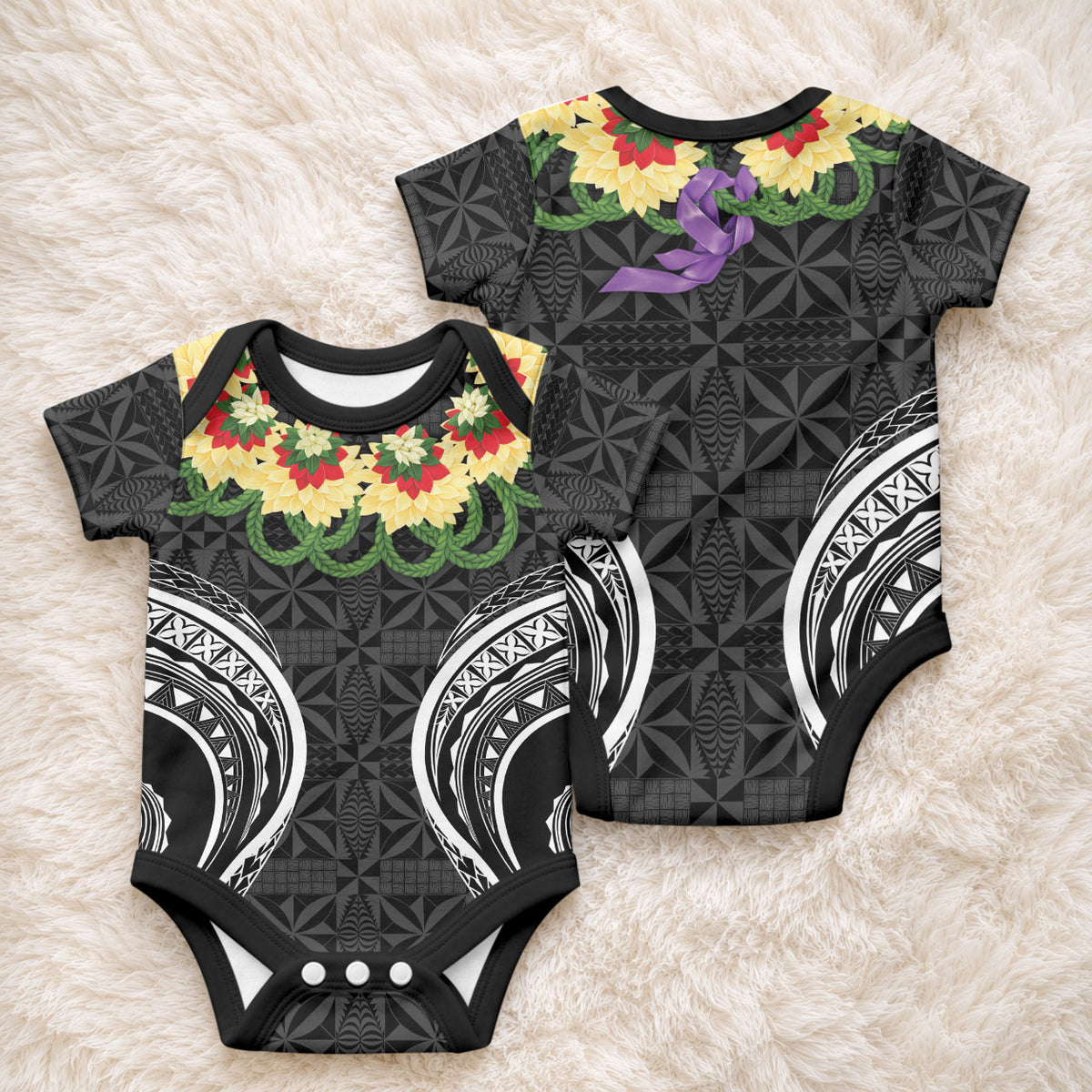 Black Tonga Ngatu Kahoa Lei Baby Onesie LT14 - Polynesian Pride