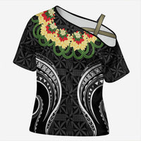 Black Tonga Ngatu Kahoa Lei Cross Shoulder Shirt LT14 Female Black - Polynesian Pride