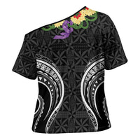Black Tonga Ngatu Kahoa Lei Cross Shoulder Shirt LT14 - Polynesian Pride