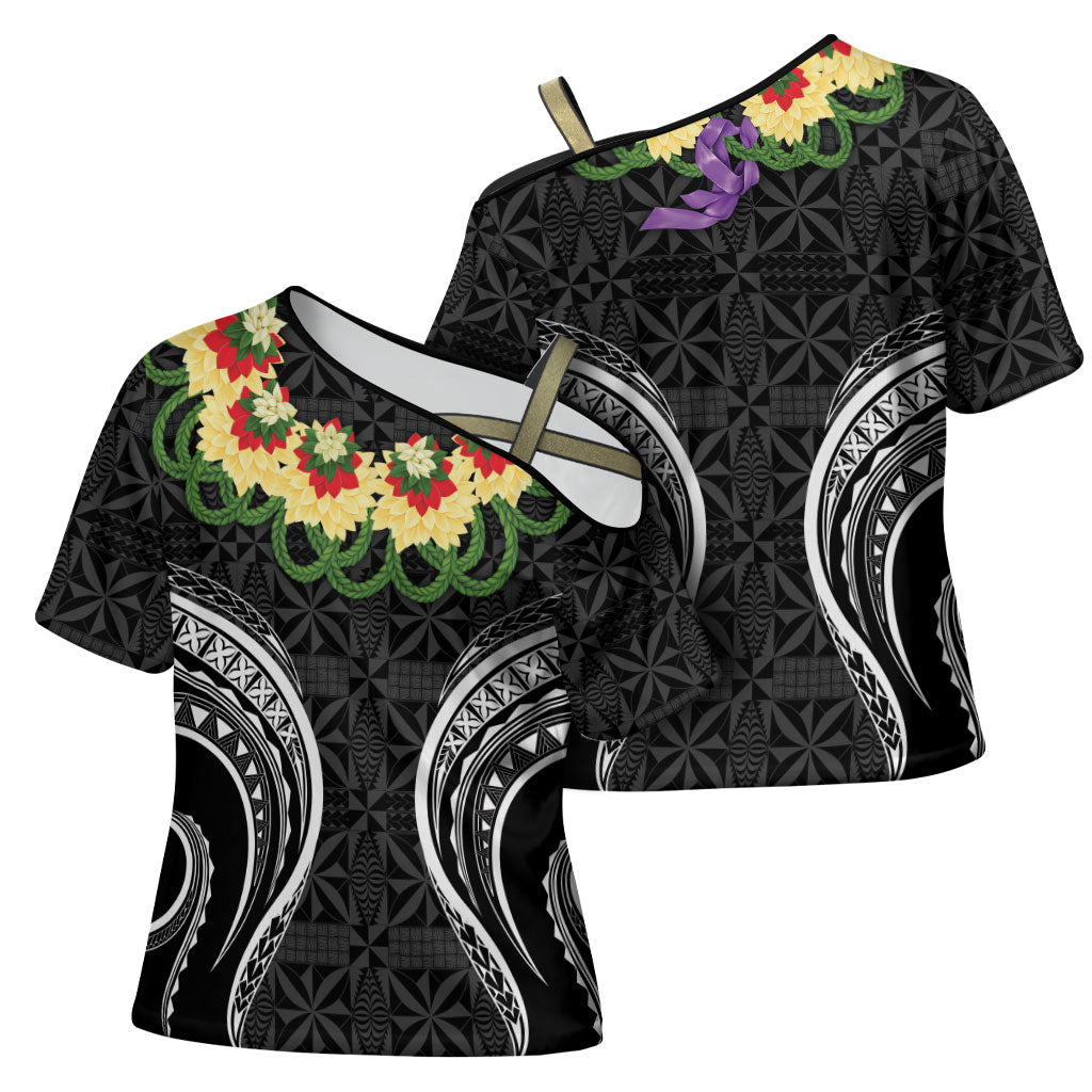 Black Tonga Ngatu Kahoa Lei Cross Shoulder Shirt LT14 - Polynesian Pride