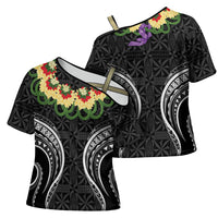Black Tonga Ngatu Kahoa Lei Cross Shoulder Shirt LT14 - Polynesian Pride