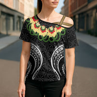 Black Tonga Ngatu Kahoa Lei Cross Shoulder Shirt LT14 - Polynesian Pride