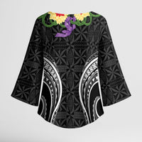 Black Tonga Ngatu Kahoa Lei Kimono Sleeve Blouse LT14 - Polynesian Pride
