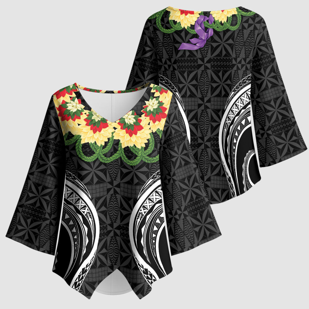 Black Tonga Ngatu Kahoa Lei Kimono Sleeve Blouse LT14 - Polynesian Pride