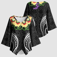 Black Tonga Ngatu Kahoa Lei Kimono Sleeve Blouse LT14 - Polynesian Pride
