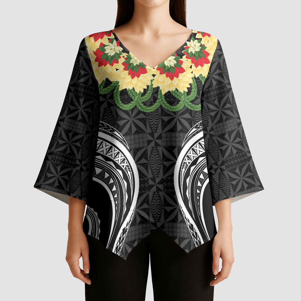 Black Tonga Ngatu Kahoa Lei Kimono Sleeve Blouse LT14 - Polynesian Pride