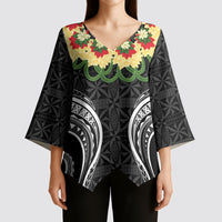Black Tonga Ngatu Kahoa Lei Kimono Sleeve Blouse LT14 - Polynesian Pride