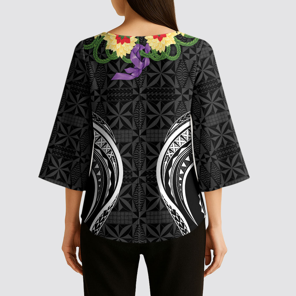 Black Tonga Ngatu Kahoa Lei Kimono Sleeve Blouse LT14 - Polynesian Pride