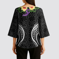 Black Tonga Ngatu Kahoa Lei Kimono Sleeve Blouse LT14 - Polynesian Pride
