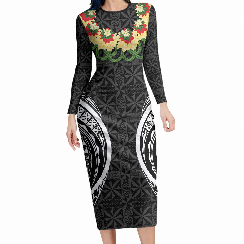 Black Tonga Ngatu Kahoa Lei Long Sleeve Bodycon Dress LT14 Long Dress Black - Polynesian Pride