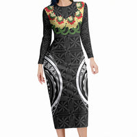 Black Tonga Ngatu Kahoa Lei Long Sleeve Bodycon Dress LT14 Long Dress Black - Polynesian Pride
