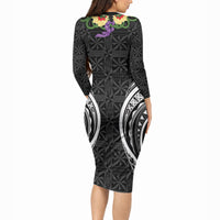 Black Tonga Ngatu Kahoa Lei Long Sleeve Bodycon Dress LT14 - Polynesian Pride