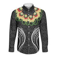 Black Tonga Ngatu Kahoa Lei Long Sleeve Button Shirt LT14 Unisex Black - Polynesian Pride