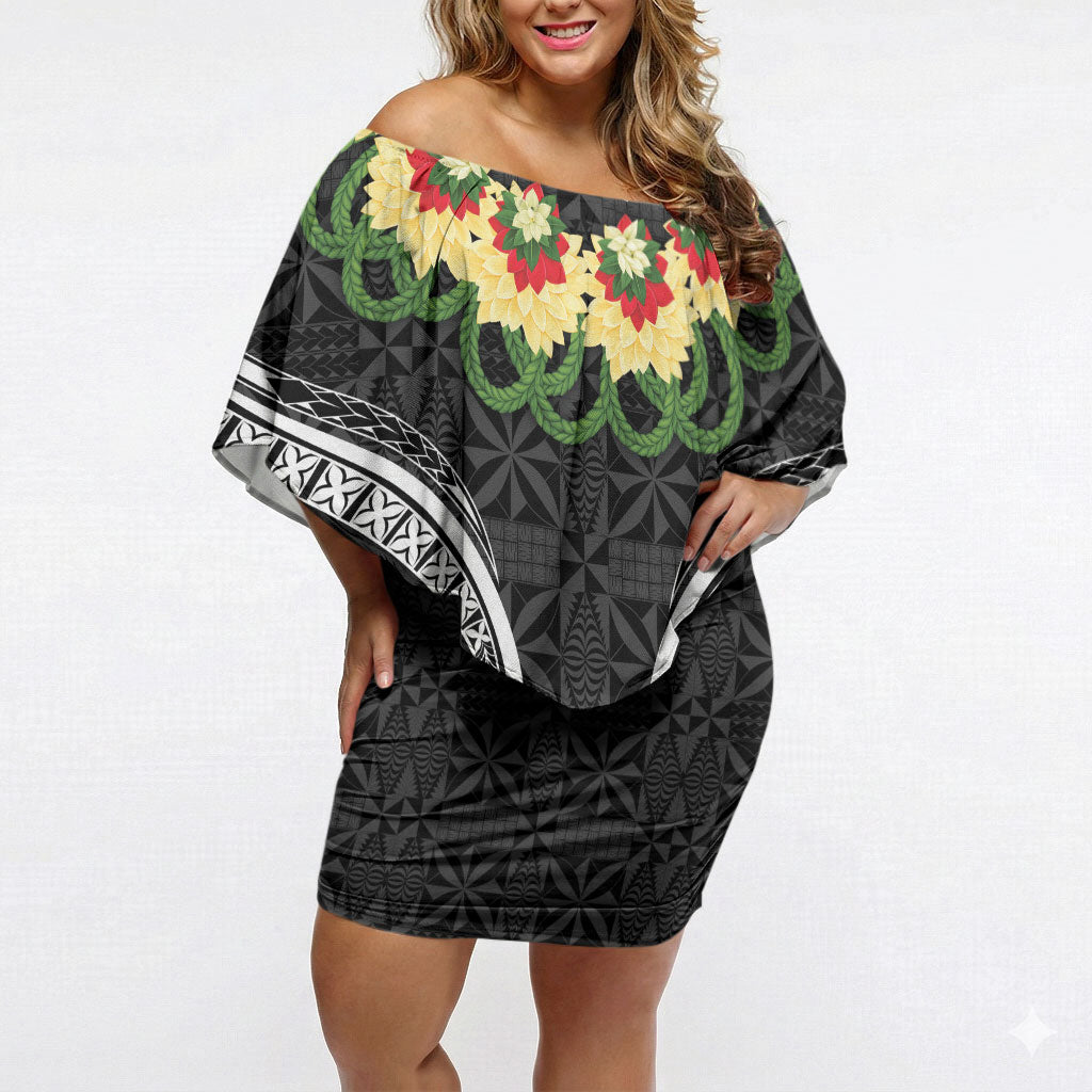 Black Tonga Ngatu Kahoa Lei Off Shoulder Short Dress LT14 Women Black - Polynesian Pride