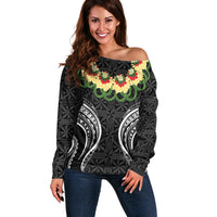 Black Tonga Ngatu Kahoa Lei Off Shoulder Sweater LT14 Women Black - Polynesian Pride