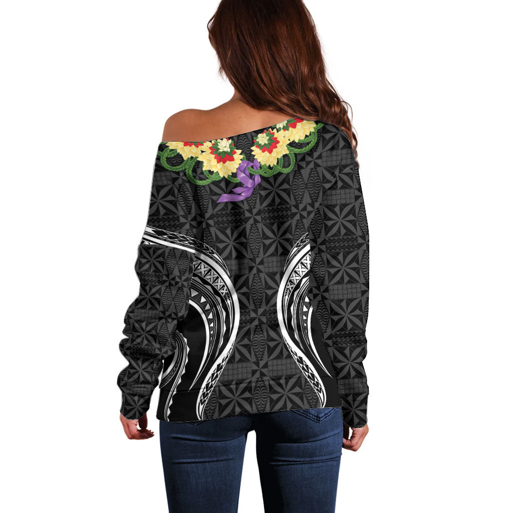 Black Tonga Ngatu Kahoa Lei Off Shoulder Sweater LT14 - Polynesian Pride