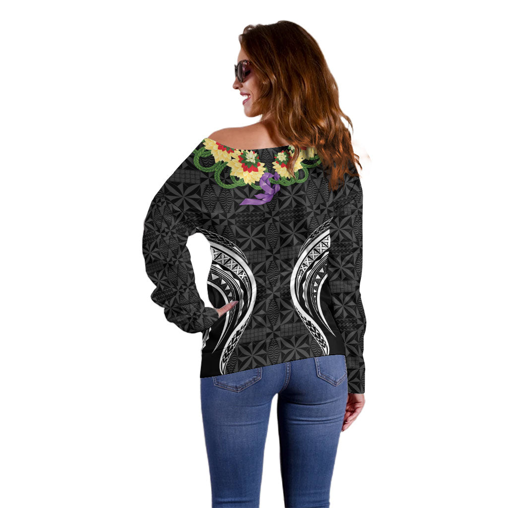 Black Tonga Ngatu Kahoa Lei Off Shoulder Sweater LT14 - Polynesian Pride