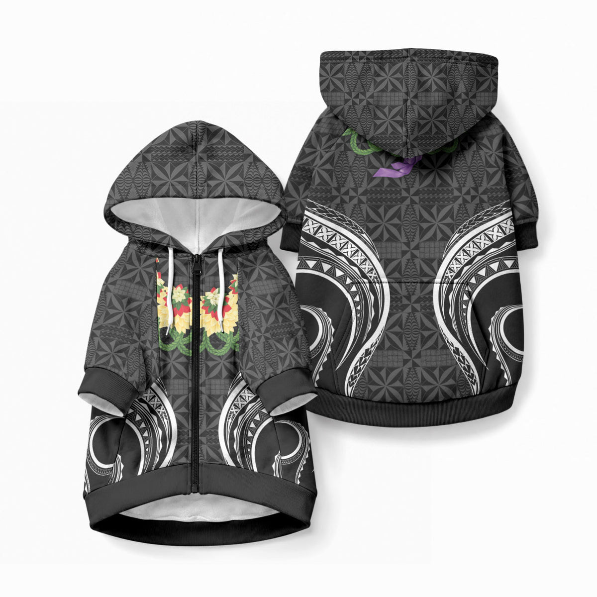 Black Tonga Ngatu Kahoa Lei Pet Hoodie LT14 Zip-up Black - Polynesian Pride