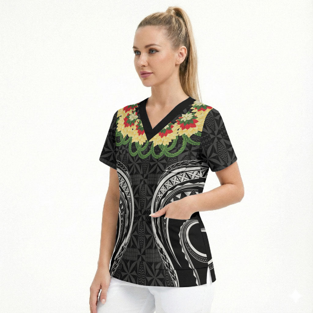 Black Tonga Ngatu Kahoa Lei Scrub Top LT14 - Polynesian Pride