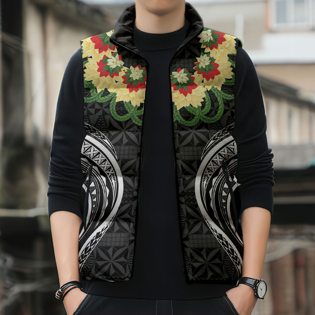 Black Tonga Ngatu Kahoa Lei Sleeveless Puffer Jacket LT14 - Polynesian Pride