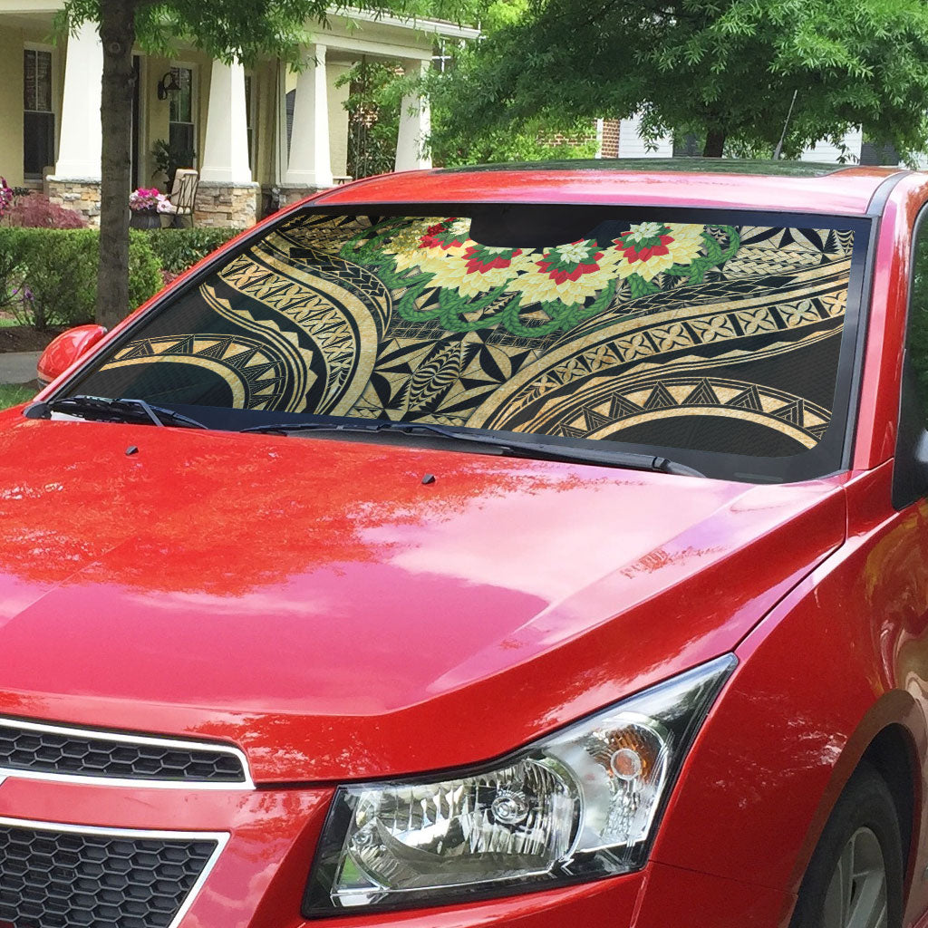 Grunge Gold Tonga Ngatu Kahoa Lei Auto Sun Shade LT14 - Polynesian Pride