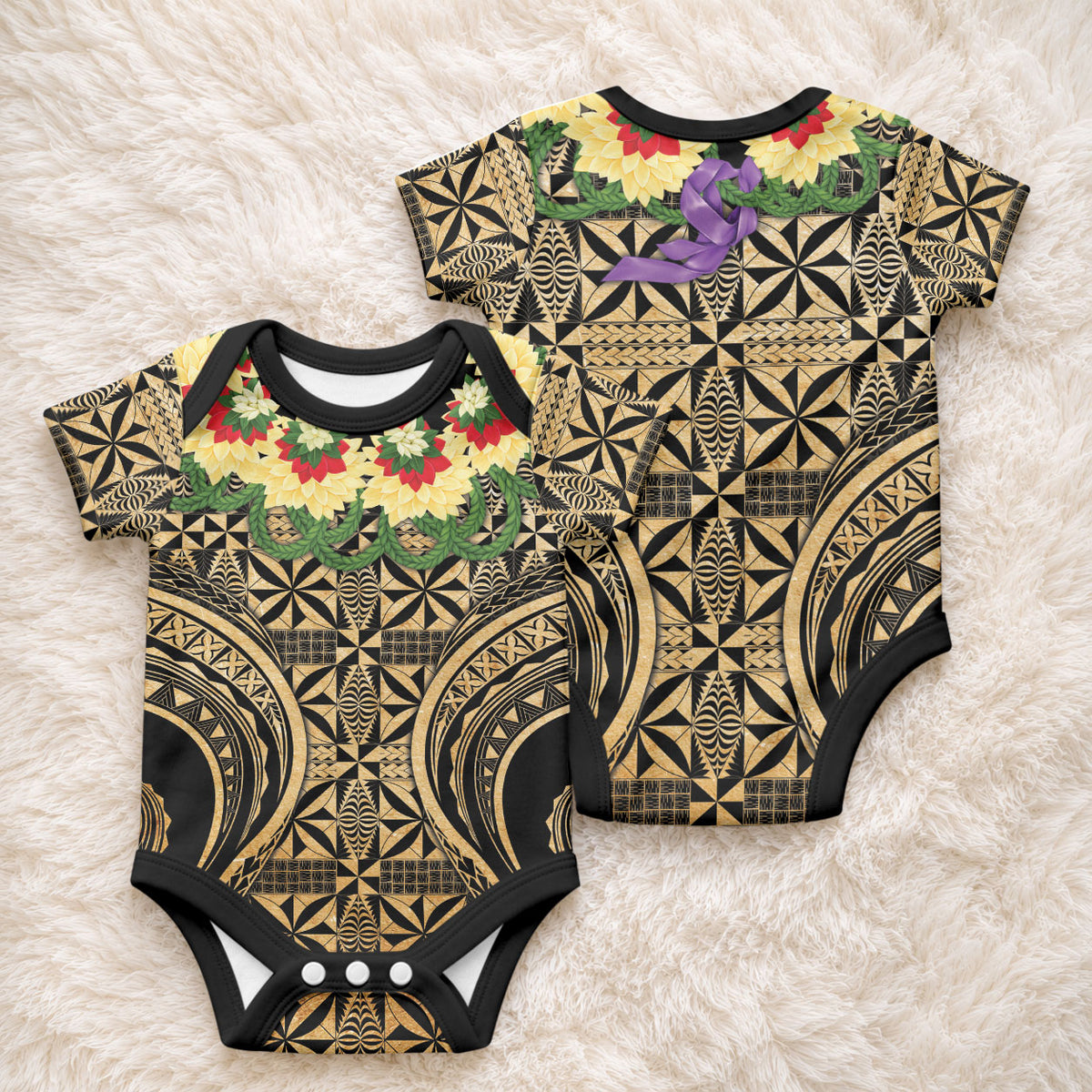 Grunge Gold Tonga Ngatu Kahoa Lei Baby Onesie LT14 - Polynesian Pride