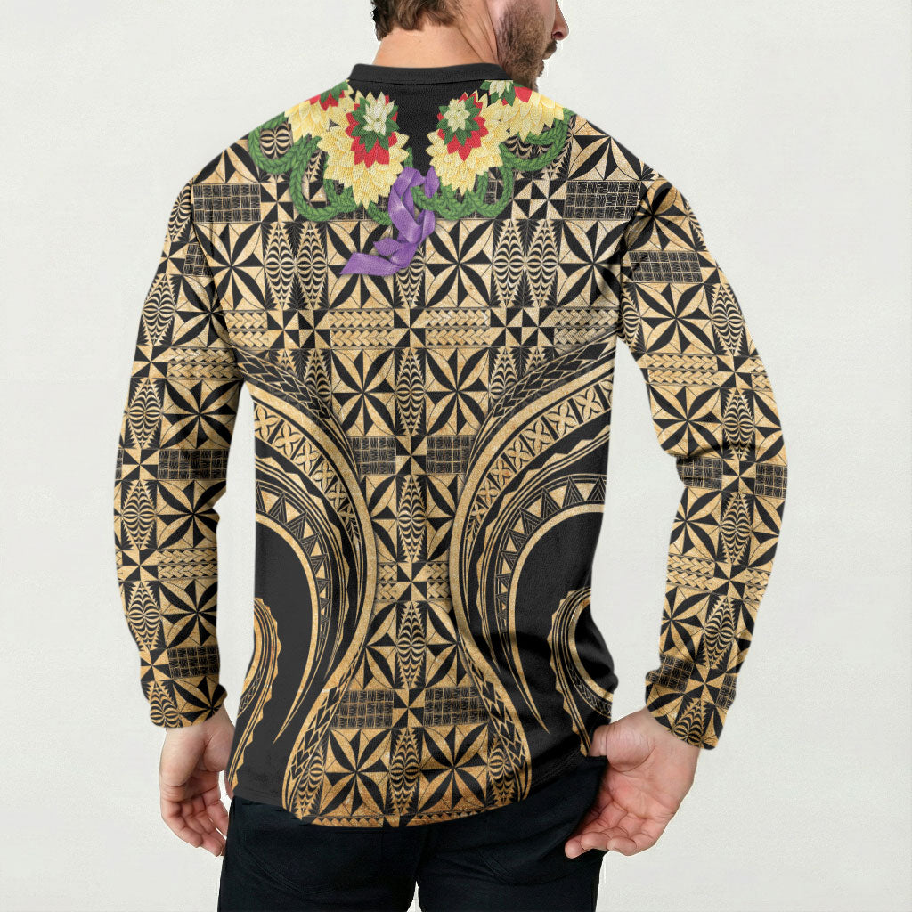 Grunge Gold Tonga Ngatu Kahoa Lei Button Sweatshirt LT14 - Polynesian Pride