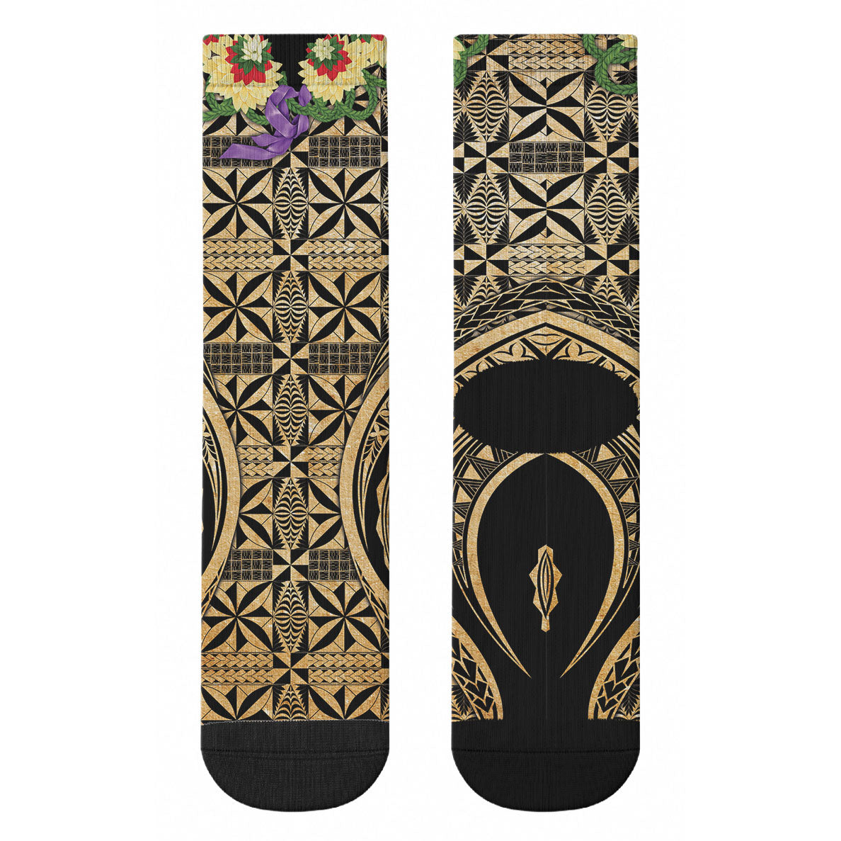 Grunge Gold Tonga Ngatu Kahoa Lei Crew Socks LT14 - Polynesian Pride