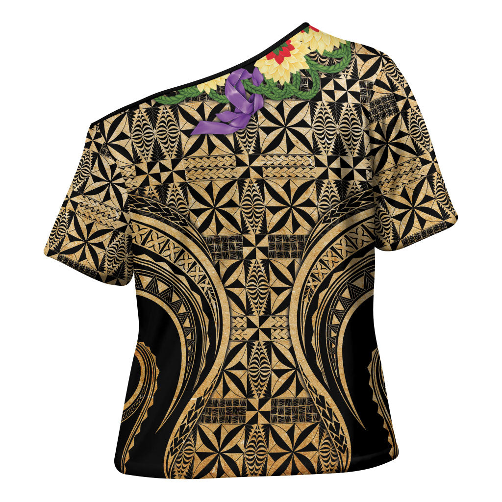 Grunge Gold Tonga Ngatu Kahoa Lei Cross Shoulder Shirt LT14 - Polynesian Pride