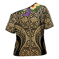 Grunge Gold Tonga Ngatu Kahoa Lei Cross Shoulder Shirt LT14 - Polynesian Pride