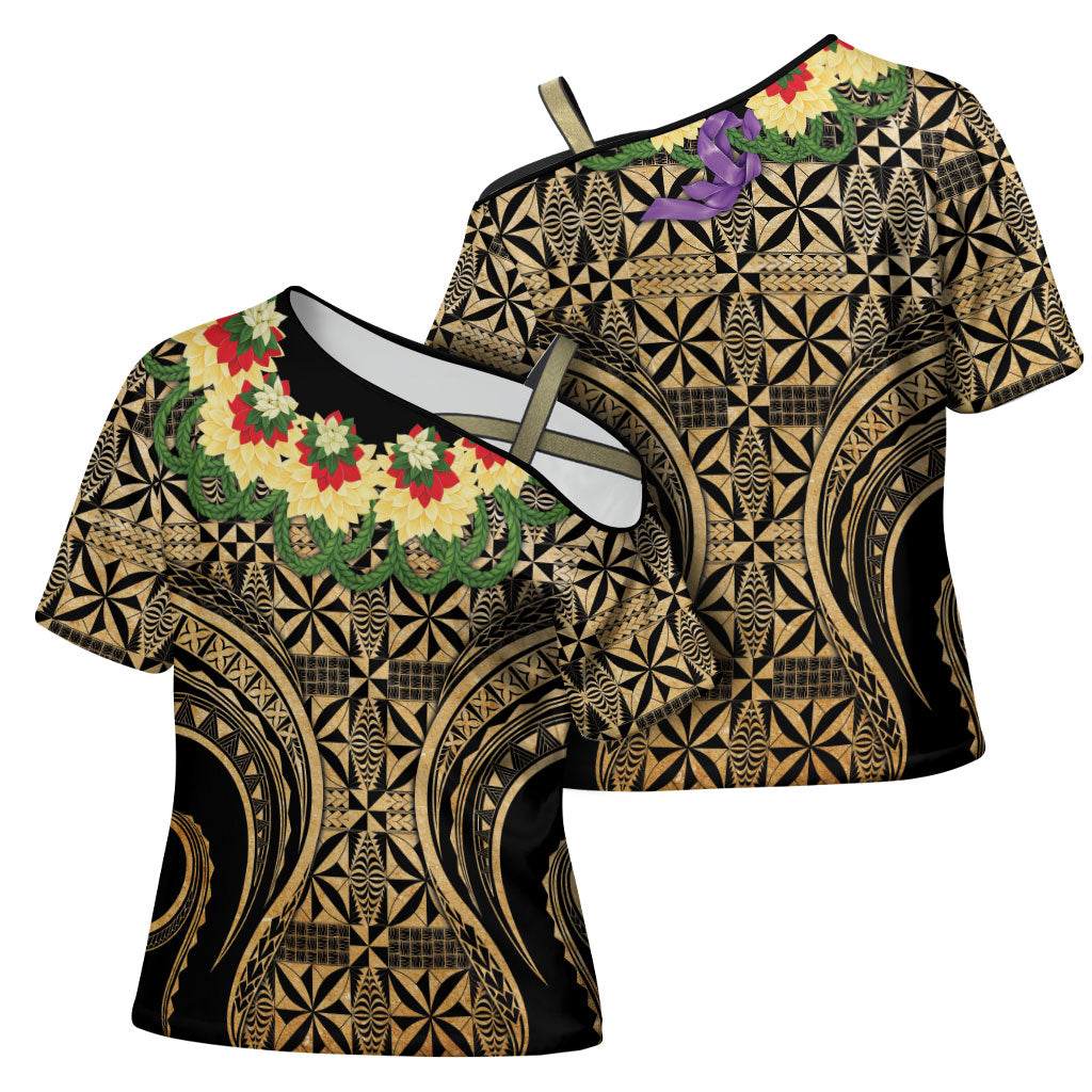 Grunge Gold Tonga Ngatu Kahoa Lei Cross Shoulder Shirt LT14 - Polynesian Pride