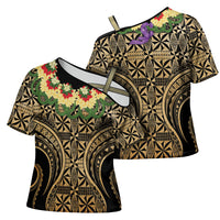 Grunge Gold Tonga Ngatu Kahoa Lei Cross Shoulder Shirt LT14 - Polynesian Pride