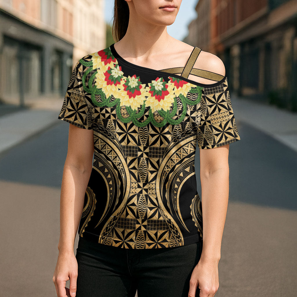 Grunge Gold Tonga Ngatu Kahoa Lei Cross Shoulder Shirt LT14 - Polynesian Pride