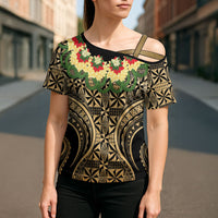 Grunge Gold Tonga Ngatu Kahoa Lei Cross Shoulder Shirt LT14 - Polynesian Pride