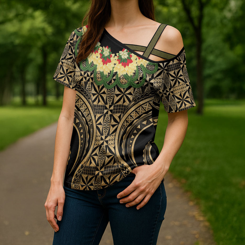 Grunge Gold Tonga Ngatu Kahoa Lei Cross Shoulder Shirt LT14 - Polynesian Pride