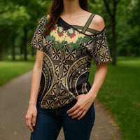 Grunge Gold Tonga Ngatu Kahoa Lei Cross Shoulder Shirt LT14 - Polynesian Pride