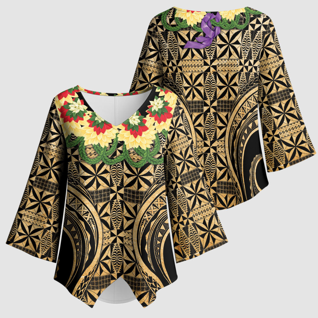 Grunge Gold Tonga Ngatu Kahoa Lei Kimono Sleeve Blouse LT14 - Polynesian Pride