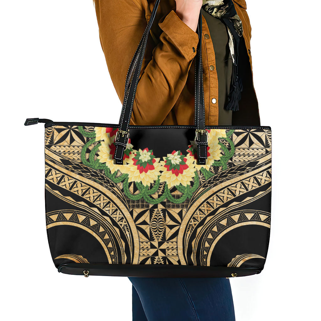 Grunge Gold Tonga Ngatu Kahoa Lei Leather Tote Bag LT14 - Polynesian Pride