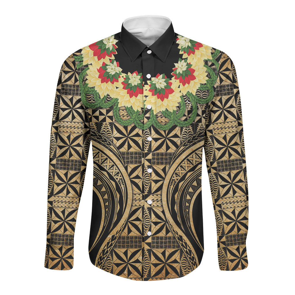 Grunge Gold Tonga Ngatu Kahoa Lei Long Sleeve Button Shirt LT14 Unisex Gold - Polynesian Pride