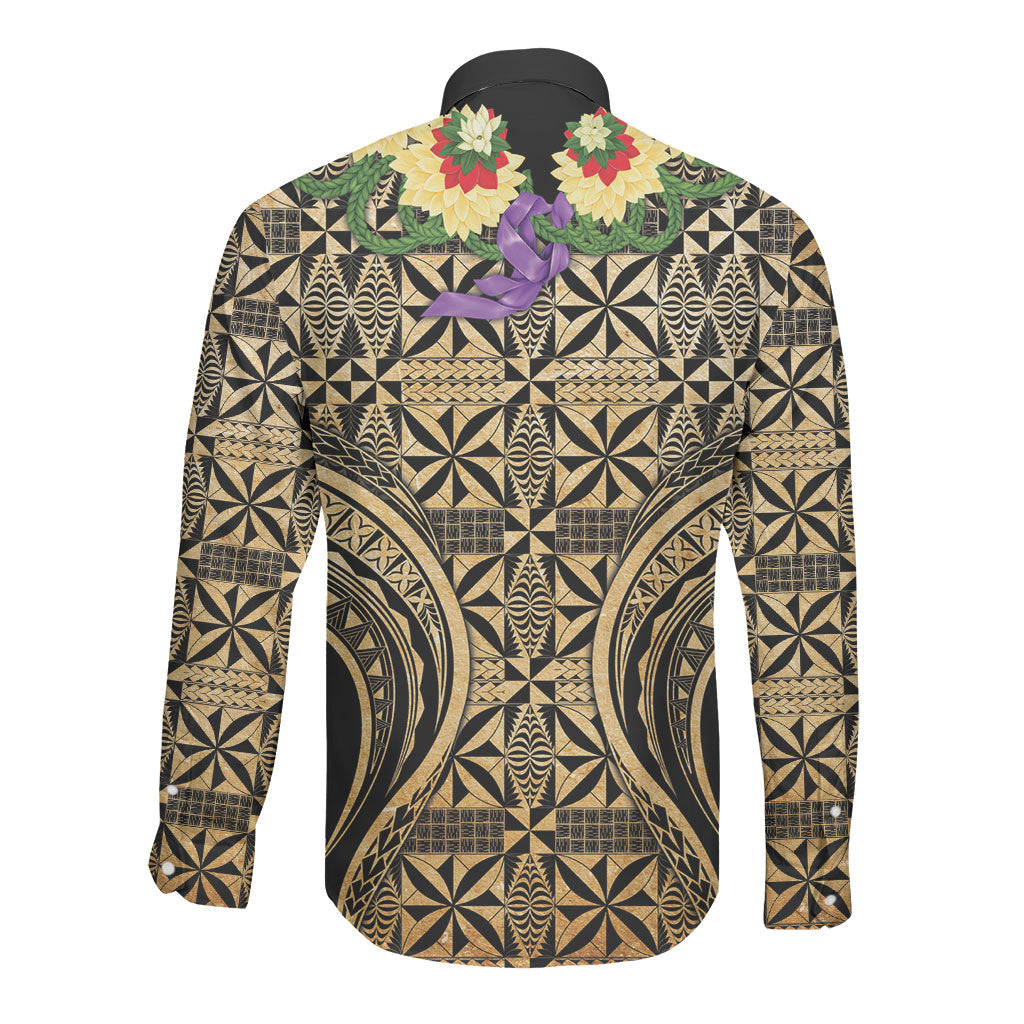 Grunge Gold Tonga Ngatu Kahoa Lei Long Sleeve Button Shirt LT14 - Polynesian Pride
