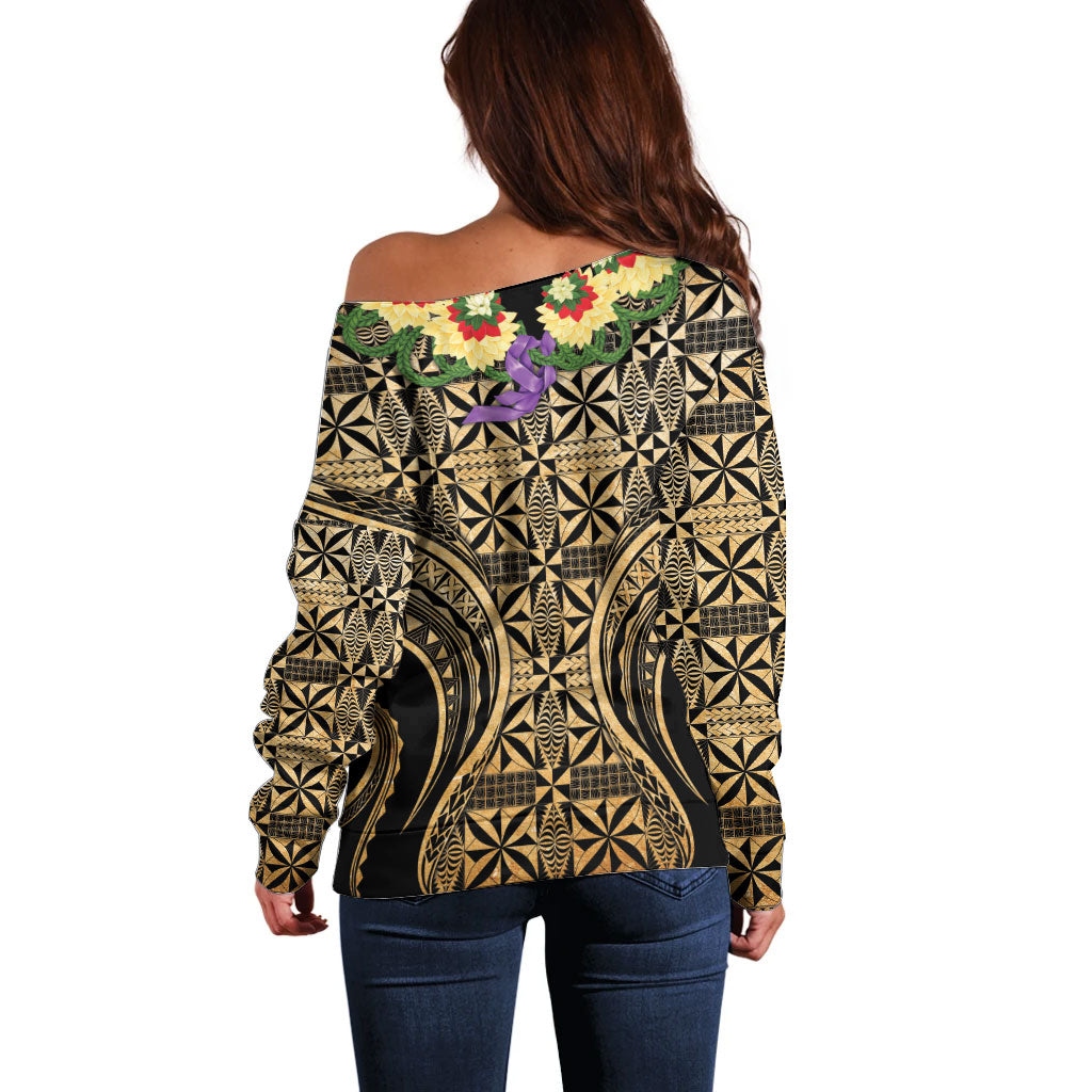 Grunge Gold Tonga Ngatu Kahoa Lei Off Shoulder Sweater LT14 - Polynesian Pride