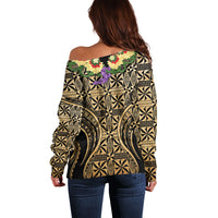 Grunge Gold Tonga Ngatu Kahoa Lei Off Shoulder Sweater LT14 - Polynesian Pride