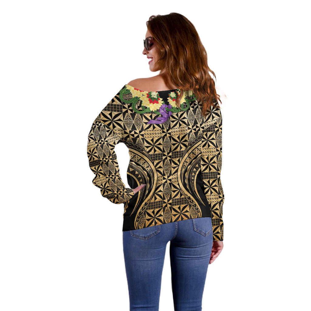 Grunge Gold Tonga Ngatu Kahoa Lei Off Shoulder Sweater LT14 - Polynesian Pride