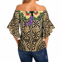 Grunge Gold Tonga Ngatu Kahoa Lei Off Shoulder Wrap Waist Top LT14 - Polynesian Pride
