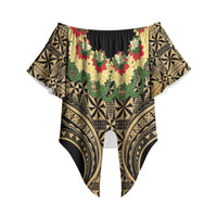 Grunge Gold Tonga Ngatu Kahoa Lei Off Shoulder Wrap Waist Top LT14 - Polynesian Pride