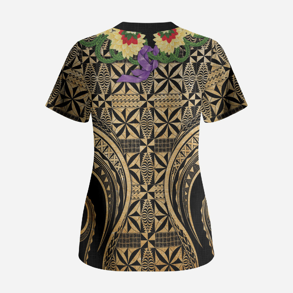 Grunge Gold Tonga Ngatu Kahoa Lei Scrub Top LT14 - Polynesian Pride