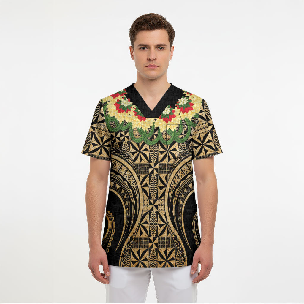 Grunge Gold Tonga Ngatu Kahoa Lei Scrub Top LT14 - Polynesian Pride