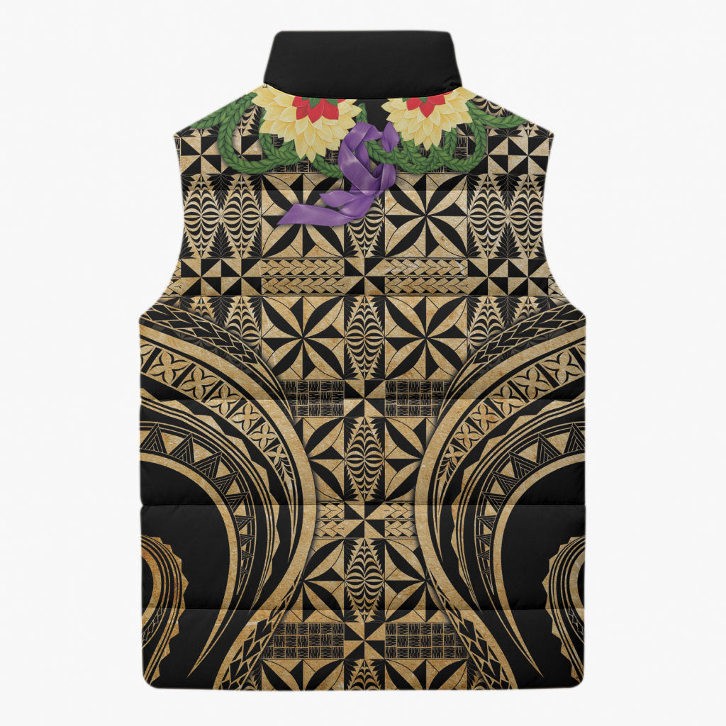 Grunge Gold Tonga Ngatu Kahoa Lei Sleeveless Puffer Jacket LT14 - Polynesian Pride
