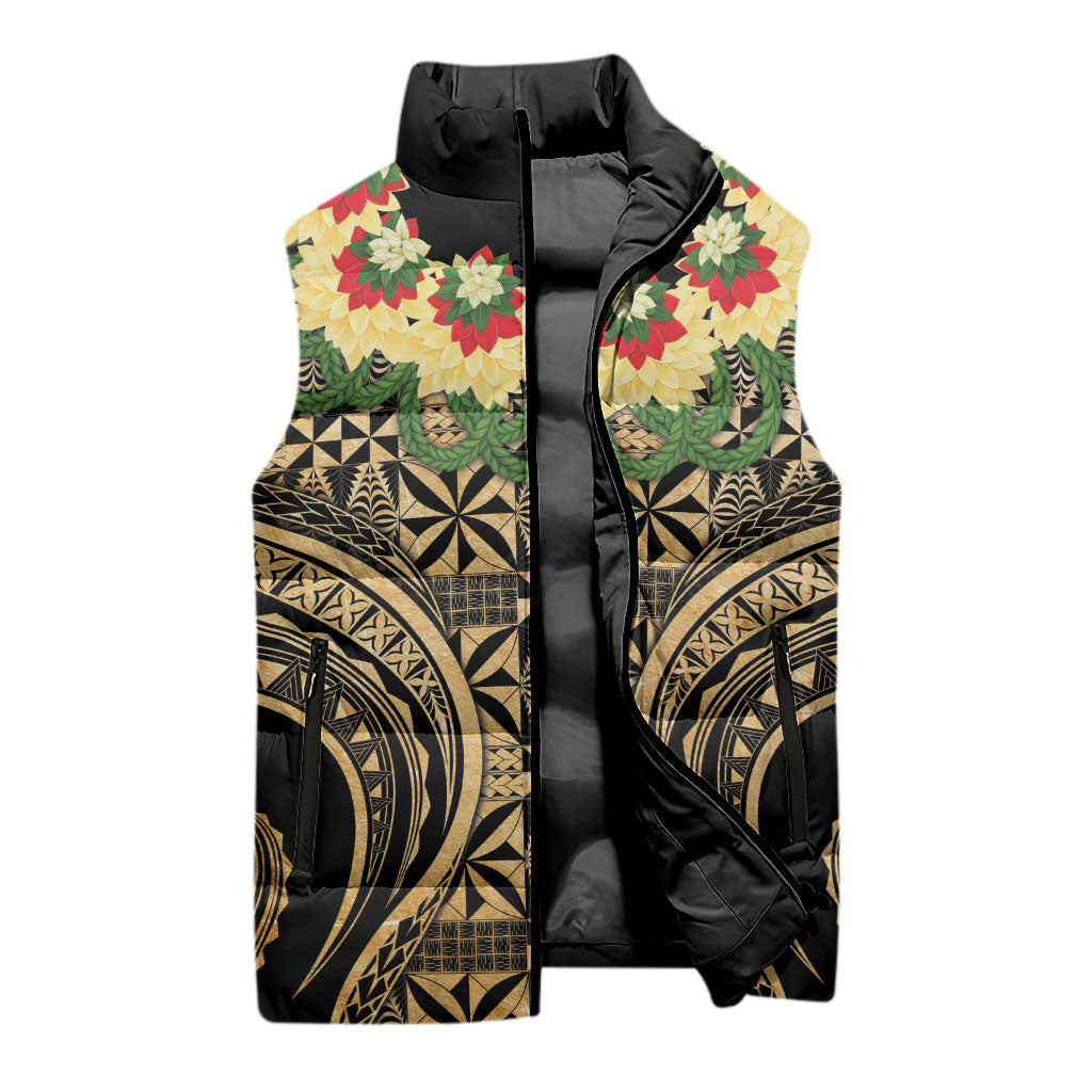 Grunge Gold Tonga Ngatu Kahoa Lei Sleeveless Puffer Jacket LT14 - Polynesian Pride